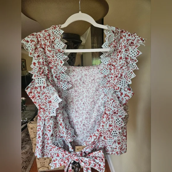 NWOT Anthropologie Blue Tassel Trina floral dark red/ mint embroidered top - Picture 6 of 14